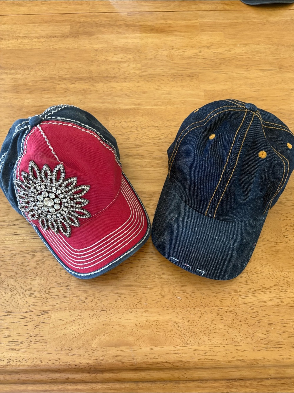 Red Rhinestone Flower Denim-Trim Baseball Cap for Women